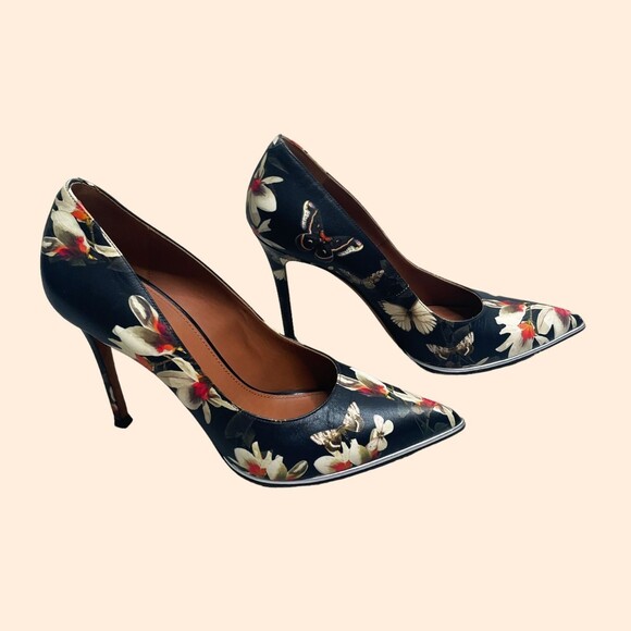 Givenchy Black Floral Leather Point Toe Heels - Picture 1 of 10